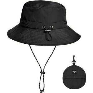 Unisex Black Nylon Mesh Wide Brim Boonie With Chin Strap Packable Bucket Sun Hat